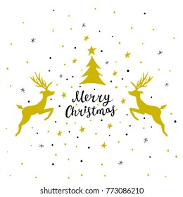 Christmas greeting card with jumping deers, Christmas tree and hand written letters