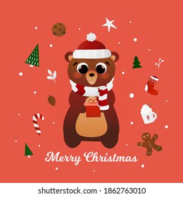 Christmas greeting card for kids with cute bear character in scarf and red hat, holding gift in cartoon style of pink background, christmas elements around