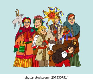 
Christmas greeting card with kids in Ukraine. Little carol singers,
traditional heroes for the Ukrainian nativity scene. Vector illustration.Christmas and New Year greeting card.