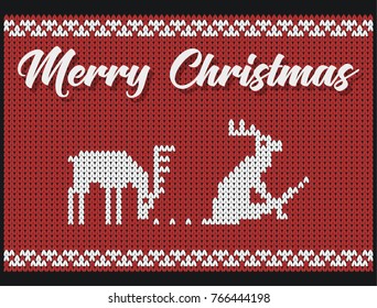 Christmas Greeting Card Knitted Pattern and Deers 