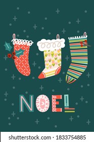 Christmas greeting card with knitted stockings and wording Noel. Vector illustration. Template for congratulations.