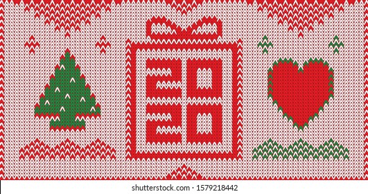 Christmas greeting card with knitted sweater pattern. Cozy New Year banner design. Xmas vector illustration with knitted new year tree, heart and gift box.