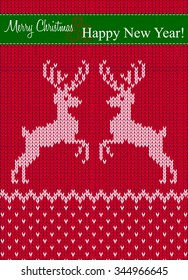 christmas greeting card, knitting patterns inspired at traditional scandinavian style with reindeers and christmas greetings