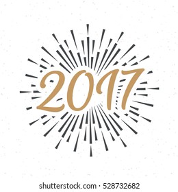 Christmas greeting card with christmas label consisting of sign gold style and sunburst on snow holiday background. Christmas emblem. Decoration element. Vector Illustration
