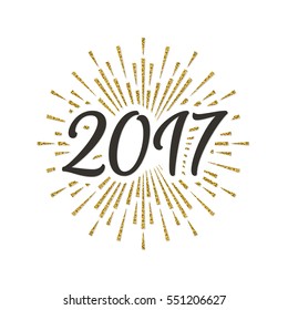 Christmas greeting card with christmas label consisting of sign and sunburst gold glitter effect on snow holiday background. Christmas decoration element. Happy New Year. Vector Illustration