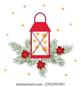 Christmas greeting card with a lantern surrounded by fir branches and a poinsettia flower Vector holiday design