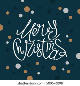 Christmas greeting card with letering "Merry Christmas." Flat vector illustration isolate on a white background