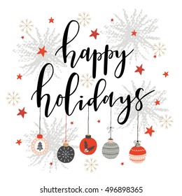 Christmas Greeting Card with lettering and balls. Merry Christmas calligraphy. Template for New 2017 Year Cards, Scrapbooking, Stickers, Planner, Invitations.