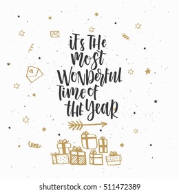 Christmas greeting card, lettering and calligraphy, modern brush lettering, hand drawn design elements, gifts, wallpapers, on vintage background