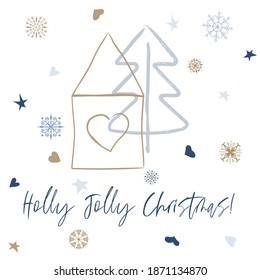 Christmas greeting card with lettering "Holly Jolly Christmas”, funny tree and gift boxes. Holiday cute composition in muted colors is perfect for scrapbooking, gift decoration, prints and posters