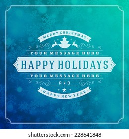 Christmas greeting card light and snowflakes vector background. Merry Christmas holidays wish design and vintage ornament decoration. Happy new year message. Vector illustration. 