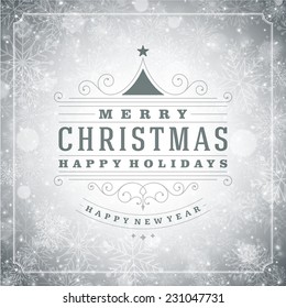 Christmas greeting card light and snowflakes vector background. Merry Christmas holidays wish design and vintage ornament decoration. Happy new year message. Vector illustration. 