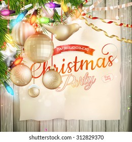 Christmas greeting card light and snowflakes background. Merry Christmas holidays wish design and vintage ornament decoration. Happy new year message. EPS 10 vector file included