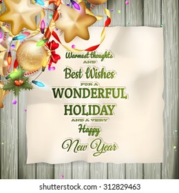 Christmas greeting card light and snowflakes background. Merry Christmas holidays wish design and vintage ornament decoration. Happy new year message. EPS 10 vector file included