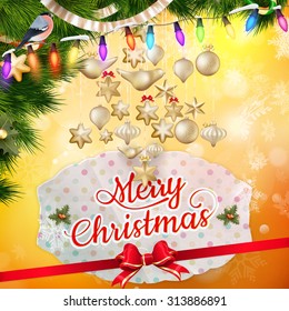 Christmas greeting card light and snowflakes background. Merry Christmas holidays wish design and vintage ornament decoration. Happy new year message. EPS 10 vector file included