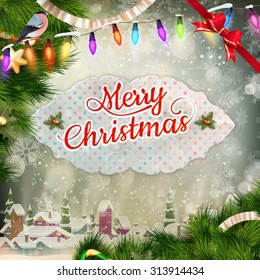 Christmas greeting card light and snowflakes background. Merry Christmas holidays wish design and vintage ornament decoration. Happy new year message. EPS 10 vector file included