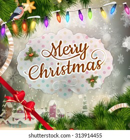 Christmas greeting card light and snowflakes background. Merry Christmas holidays wish design and vintage ornament decoration. Happy new year message. EPS 10 vector file included
