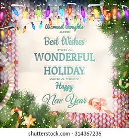 Christmas greeting card light and snowflakes background. Merry Christmas holidays wish design and vintage ornament decoration. Happy new year message. EPS 10 vector file included