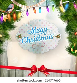 Christmas greeting card light and snowflakes background. Merry Christmas holidays wish design and vintage ornament decoration. Happy new year message. EPS 10 vector file included