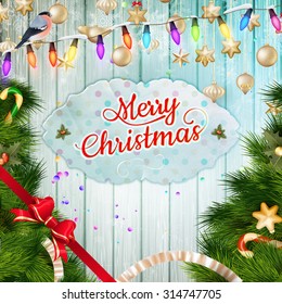Christmas greeting card light and snowflakes background. Merry Christmas holidays wish design and vintage ornament decoration. Happy new year message. EPS 10 vector file included