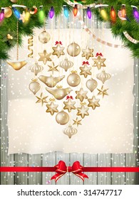 Christmas greeting card light and snowflakes background. Merry Christmas holidays wish design and vintage ornament decoration. Happy new year message. EPS 10 vector file included