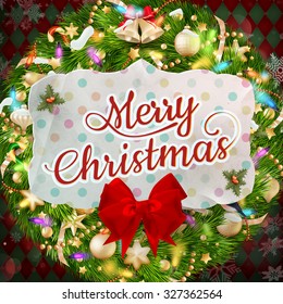 Christmas greeting card light and snowflakes background. Merry Christmas holidays wish design and vintage ornament decoration. Happy new year message. EPS 10 vector file included