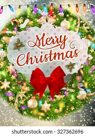 Christmas greeting card light and snowflakes background. Merry Christmas holidays wish design and vintage ornament decoration. Happy new year message. EPS 10 vector file included
