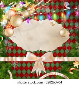 Christmas greeting card light and snowflakes background. Merry Christmas holidays wish design and vintage ornament decoration. Happy new year message. EPS 10 vector file included