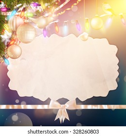 Christmas greeting card light and snowflakes background. Merry Christmas holidays wish design and vintage ornament decoration. Happy new year message. EPS 10 vector file included