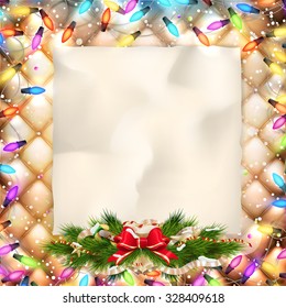Christmas greeting card light and snowflakes background. Merry Christmas holidays wish design and vintage ornament decoration. Happy new year message. EPS 10 vector file included