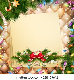 Christmas greeting card light and snowflakes background. Merry Christmas holidays wish design and vintage ornament decoration. Happy new year message. EPS 10 vector file included
