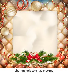 Christmas greeting card light and snowflakes background. Merry Christmas holidays wish design and vintage ornament decoration. Happy new year message. EPS 10 vector file included