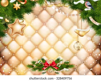 Christmas greeting card light and snowflakes background. Merry Christmas holidays wish design and vintage ornament decoration. Happy new year message. EPS 10 vector file included