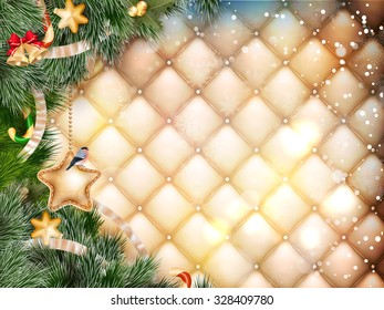 Christmas greeting card light and snowflakes background. Merry Christmas holidays wish design and vintage ornament decoration. Happy new year message. EPS 10 vector file included