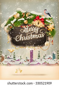 Christmas greeting card light and snowflakes background. Merry Christmas holidays wish design and vintage ornament decoration. Happy new year message. EPS 10 vector file included