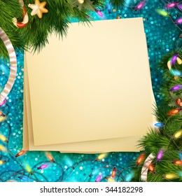 Christmas greeting card light and snowflakes background. Merry Christmas holidays wish design and vintage ornament decoration. Happy new year message. EPS 10 vector file included