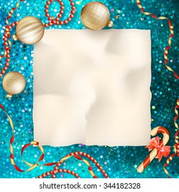 Christmas greeting card light and snowflakes background. Merry Christmas holidays wish design and vintage ornament decoration. Happy new year message. EPS 10 vector file included