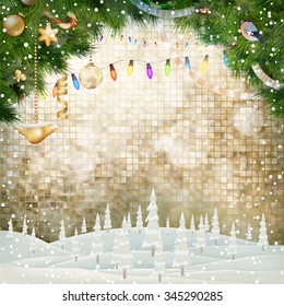 Christmas greeting card light and snowflakes background. Merry Christmas holidays wish design and vintage ornament decoration. Happy new year message. EPS 10 vector file included