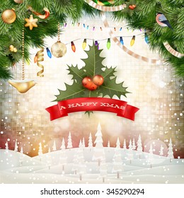 Christmas greeting card light and snowflakes background. Merry Christmas holidays wish design and vintage ornament decoration. Happy new year message. EPS 10 vector file included