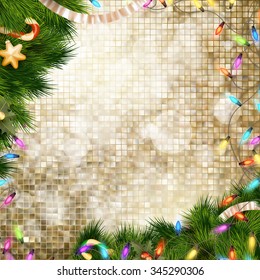 Christmas greeting card light and snowflakes background. Merry Christmas holidays wish design and vintage ornament decoration. Happy new year message. EPS 10 vector file included