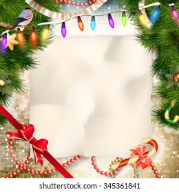 Christmas greeting card light and snowflakes background. Merry Christmas holidays wish design and vintage ornament decoration. Happy new year message. EPS 10 vector file included