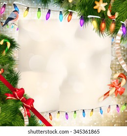 Christmas greeting card light and snowflakes background. Merry Christmas holidays wish design and vintage ornament decoration. Happy new year message. EPS 10 vector file included