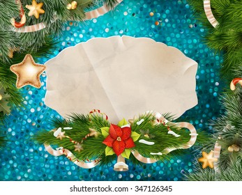Christmas greeting card light and snowflakes background. Merry Christmas holidays wish design and vintage ornament decoration. Space for happy new year message. EPS 10 vector file
