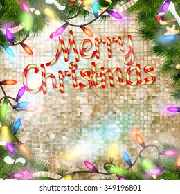 Christmas greeting card light and snowflakes background. Merry Christmas holidays wish design and vintage ornament decoration. Happy new year message. EPS 10 vector file included