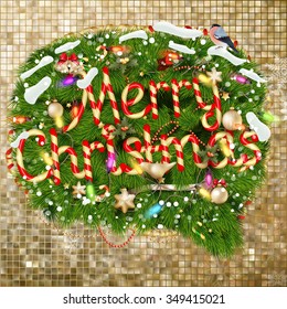 Christmas greeting card light and snowflakes background. Merry Christmas holidays wish design and vintage ornament decoration. Happy new year message. EPS 10 vector file included