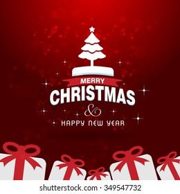 Christmas greeting card light and tree and gift box vector background. Merry Christmas holidays wish design and vintage ornament decoration. Happy new year message. Vector illustration.