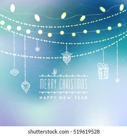 Christmas greeting card light vector background. Merry Christmas holidays wish design and Garlands decoration with baubles. Happy new year message. Vector illustration