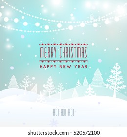 Christmas greeting card. light vector background.  holidays wish design and garlands decoration. Winter Landscape, Happy new year message. 