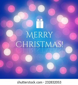 Christmas Greeting Card. Lights Background. Merry Christmas lettering, vector illustration