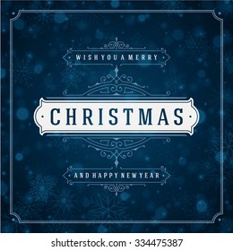 Christmas greeting card lights and snowflakes vector background. Merry Christmas holidays wish message typography design and decorations. Vector illustration.